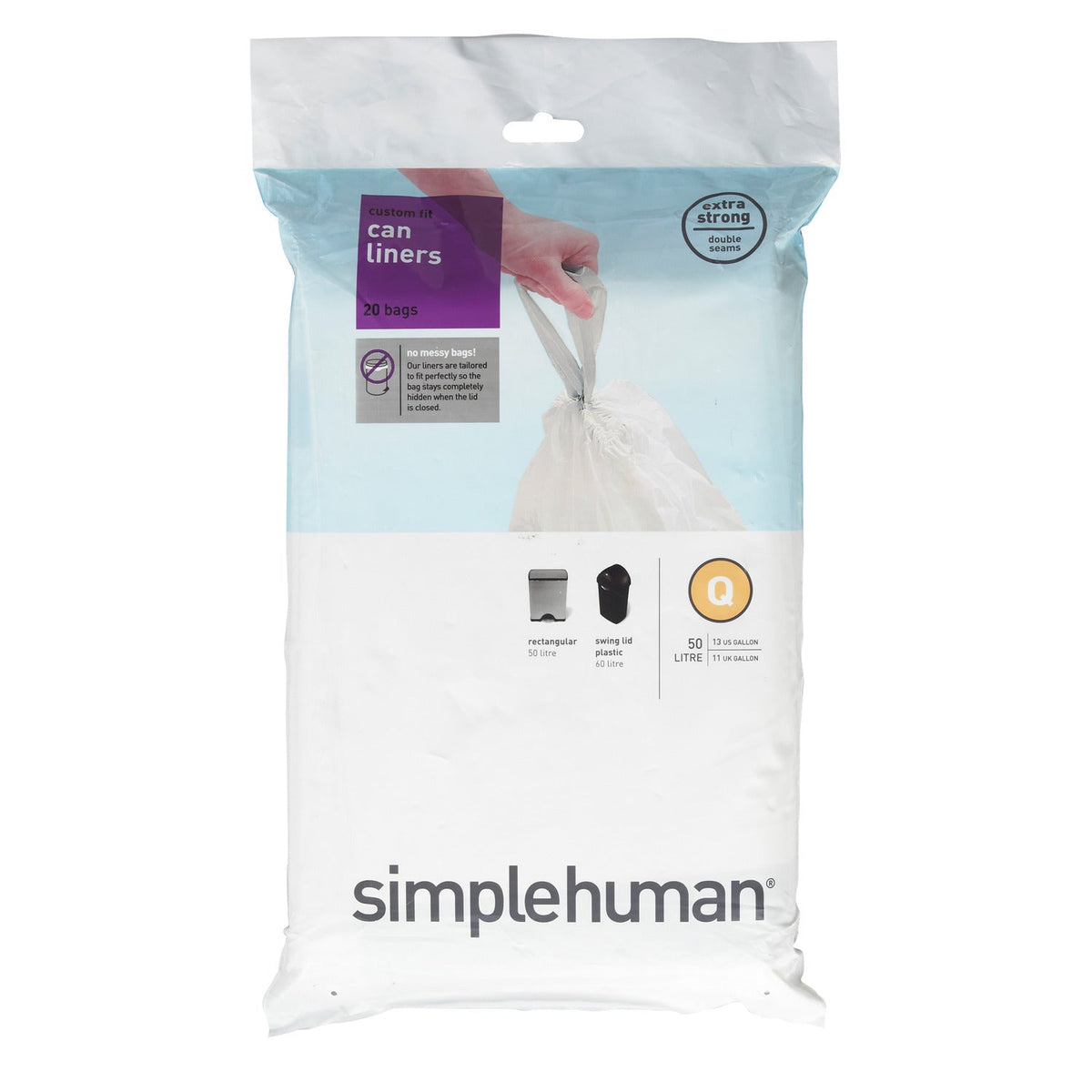 20 simplehuman Size Q Drawstring Bin Liners White Bags 50-65L