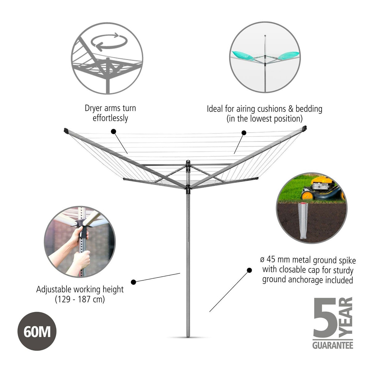 Brabantia 60m Lift-O-Matic Rotary Airer with Ground Spike